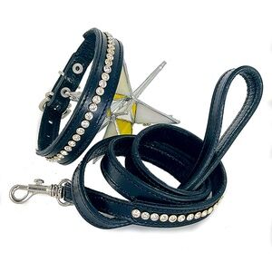 Single Row Crystal & Black Leather Collar & Leash, 14”-17”